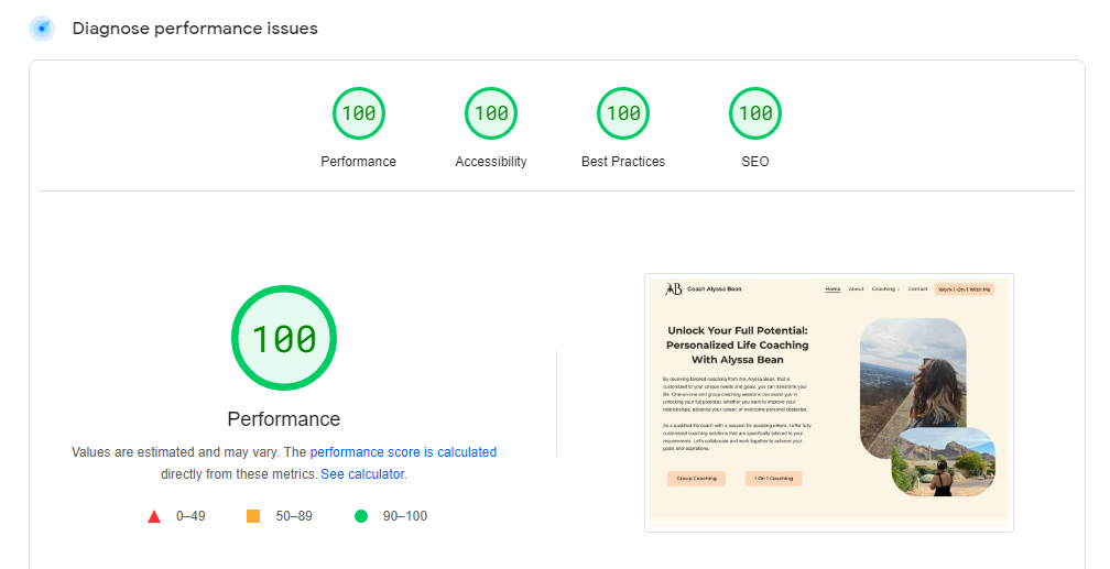 An image displaying the results of a test ran by pagespeed.webdev on a website made by Jason. Showing 100 out of 100 scores for performance, accessibility, best practices and SEO