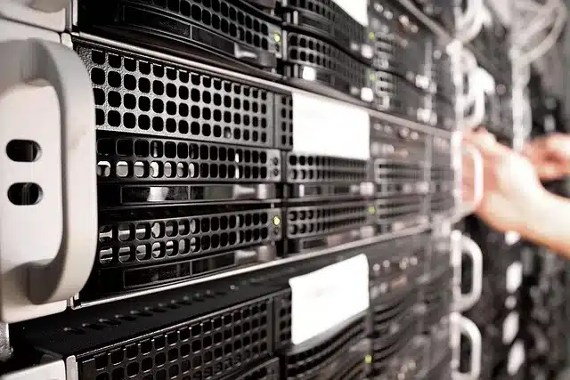 Image of server in a rack, representing technological infrastructure.
