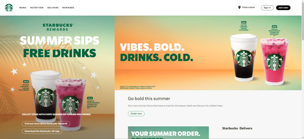 An image of Starbucks home page. displaying their use of colors. focusing on the green used in their text and logo.